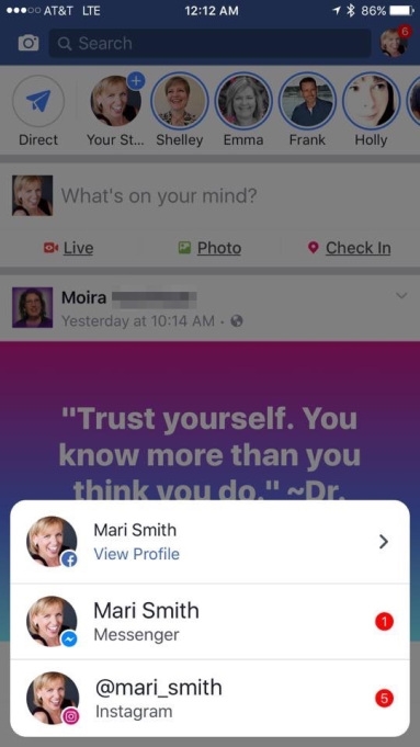 Facebook тестирует единое окно с уведомлениями из социальной сети, мессенджера и Instagram, Miracle, 22 май 2017, 19:41, facebook_messenger_instagram_app_switcher.jpg